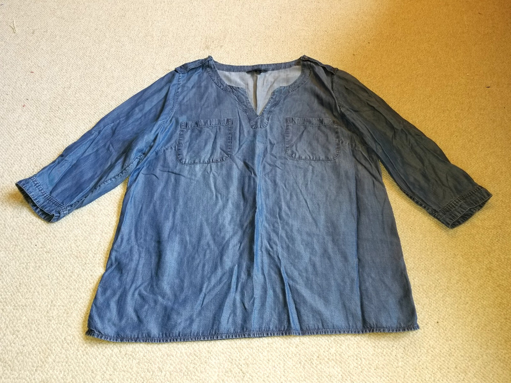 Womens Top-LANDS' END-blue 100% tencel chambray tunic V-neck 3/4 slv-18